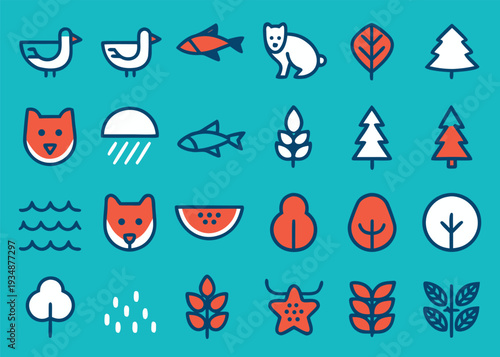 Twenty four icons of nature and food on a teal blue background.
