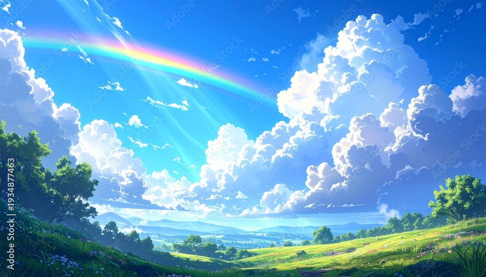 Fototapeta premium 新緑と青空に輝く虹のイラスト 生成AI素材