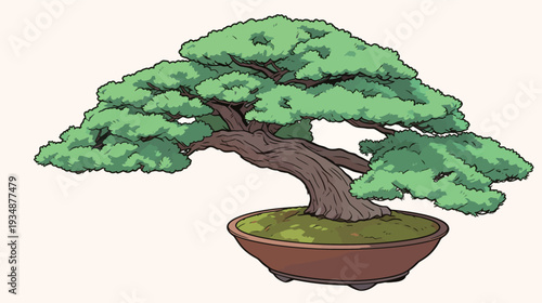 A bonsai tree stands in a brown pot with green leaves and twisted trunk. It showcases a unique style and careful arrangement.