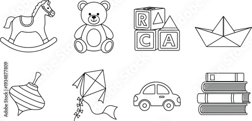 Children toys outline icons vector set with teddy blocks car kite and rocking horse illustration