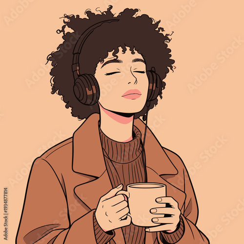 A person with curly hair sits with closed eyes, holding a cup and wearing headphones. They seem to enjoy the moment.