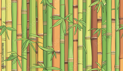 A group of bamboo sticks stands tall with various colors in a forest. Bright green and yellow shades are clearly visible.