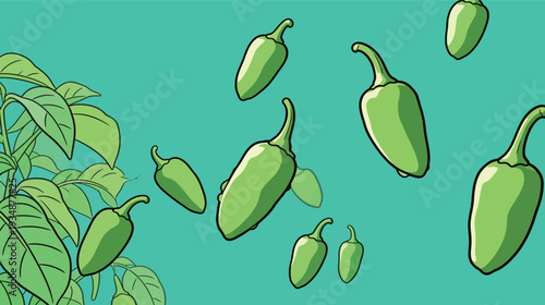 Green peppers are scattered around a plant against a bright background. The scene shows a lively arrangement of shapes and colors.