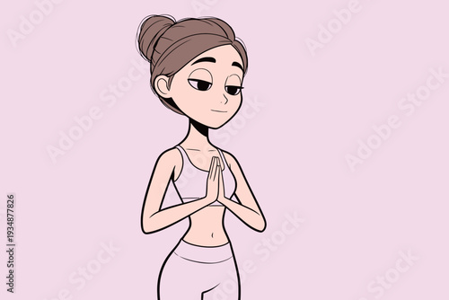 A character performs a yoga pose with hands together in front of her chest. She stands on a pink background during a practice session.