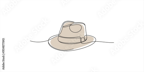 Minimalist continuous line drawing of a classic fedora hat with a light brown fill on white.