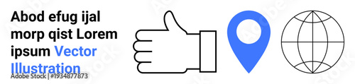 Navigation, global communication, location services, digital interaction, connectivity, worldwide services. Minimalistic icons include a thumbs-up, blue location pin and globe. Navigation and global