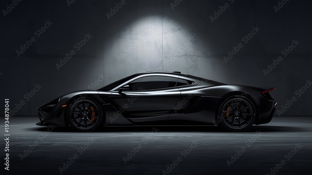 Obraz premium Aerodynamic side profile of a luxury hypercar with orange brake calipers and striking dark aesthetic