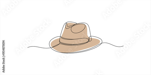Continuous line drawing of a classic brown fedora hat on a plain white background