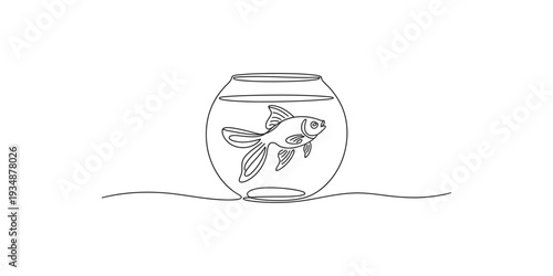 Minimalist line drawing of a goldfish swimming inside a round glass fishbowl on a flat surface.