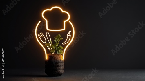 Chef hat and kitchen utensils in a lightbulb concept
