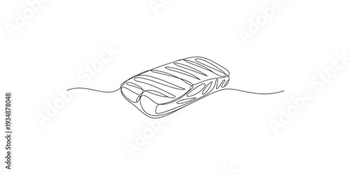 A simple line drawing of a grilled salmon fillet with grill marks on a white background.