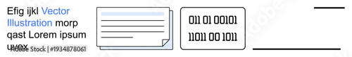 Data security, digital communication, coding principles, information management, programming tools, tech tutorials. A binary code beside a document icon and sample text. Data security and digital