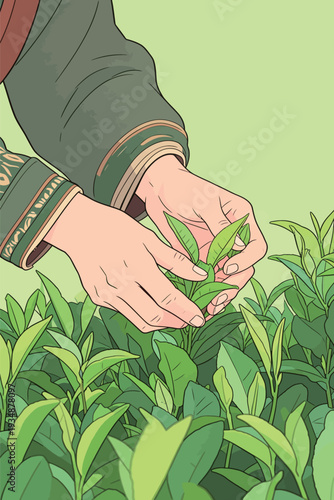 Hands are shown carefully selecting tea leaves from plants in a garden on a sunny afternoon with green surroundings.