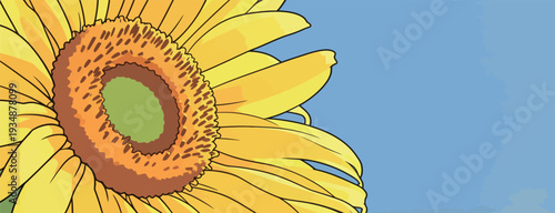 A sunflower blooms brightly with yellow petals and a brown center under a clear blue sky in daylight.