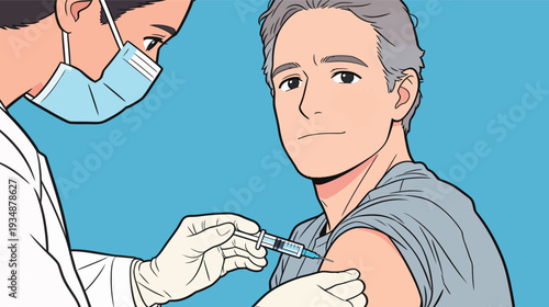 A healthcare worker gives a vaccination to a man in a clinic. The man sits calmly as the worker prepares the syringe.