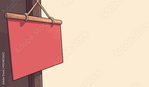 A red sign hangs on a wooden door in a minimal indoor space, offering the potential for messages or decoration.