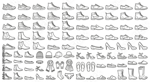 Diverse Footwear and Shoes Collection Vector Line Art Set, Minimalist Icons Pack
