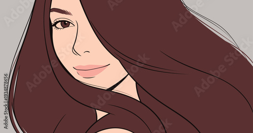 A woman is smiling with long brown hair flowing around her face in a simple art style without a detailed background showing her features.