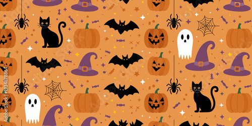 Vibrant Halloween festive print featuring pumpkins, hats, cats, spiders, and bats on an orange background.