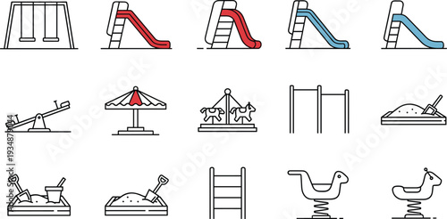 Playground equipment icons vector set with slides swings carousel and kids park line art