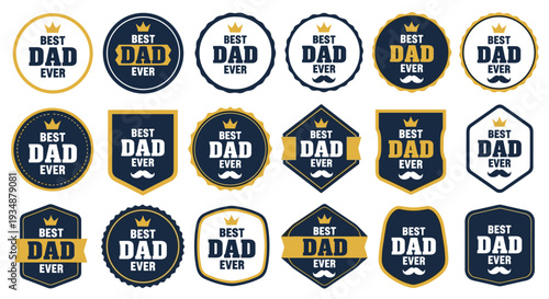 Collection of decorative labels with crown and mustache motifs for special occasions. Father's Day.