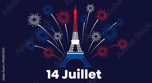 A stylized celebration featuring tourist attractions and vibrant fireworks displays against a dark background. Bastille Day