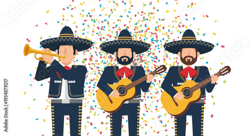 Vibrant illustration of Mexican musicians playing instruments with colorful confetti.