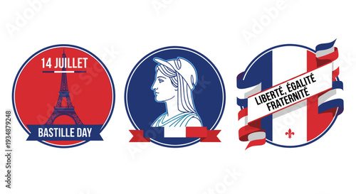 Set of three patriotic emblem designs with flag colors and symbolic elements