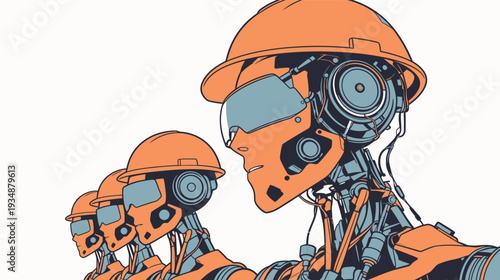 Robots line up at a construction site wearing hard hats and sunglasses. They are ready for work on a sunny day.