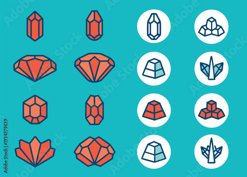 Sixteen gemstone icons in orange and white styles on teal surface.