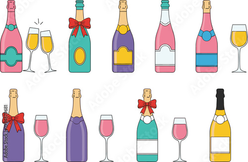 Festive Champagne and Sparkling Wine Celebration Set Featuring Colorful Bottles with Red Bows and Clinking Bubbly Glasses