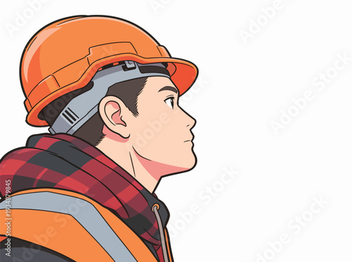 A worker looks up wearing a hard hat and safety vest while standing at a construction site during evening hours.