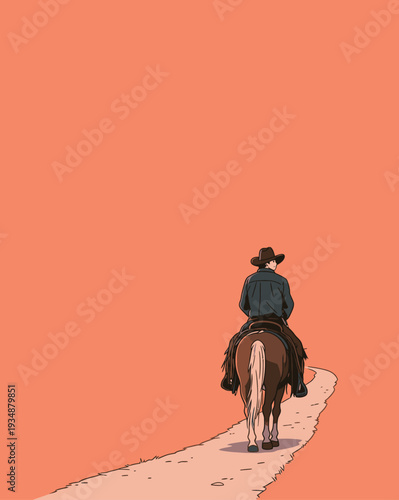 A cowboy sits on a horse riding along a dirt path as the sun sets, casting an orange glow in the sky.