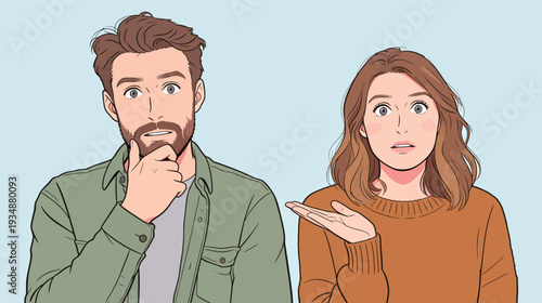 Two people are having a conversation, showing expressions of surprise and thoughtfulness. They appear engaged in a friendly exchange.