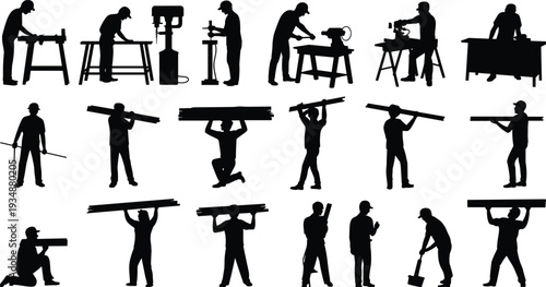 Carpenter and construction worker silhouettes set, industrial laborers woodworking and carrying timber, black isolated vector illustration collection for building and repair concept