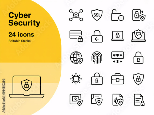 Cyber security icons set with 24 editable symbols