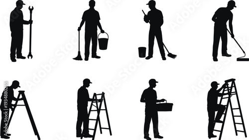 Construction handyman and painter silhouettes set, workers with ladder, wrench, bucket and roller, black isolated vector illustration for repair and maintenance service
