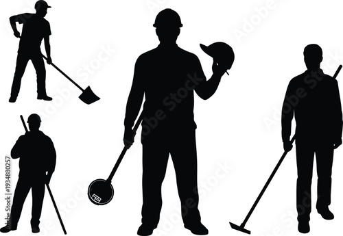 Construction laborer silhouettes collection, industrial worker with tools and hard hat, black isolated vector illustration set for building repair and maintenance concept