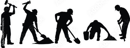 Construction worker silhouettes digging and breaking ground set, industrial laborers with shovel and hammer tools, black isolated vector illustration for building repair concept