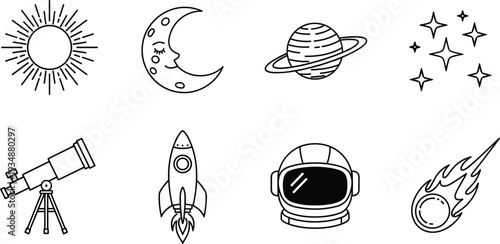 Space exploration outline icons vector set with rocket astronaut planet and astronomy symbols