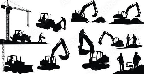 Construction machinery silhouette set, excavator bulldozer crane and workers, heavy equipment operation scenes, industrial engineering vector illustration isolated on white background