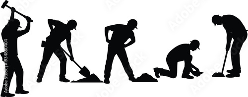 Construction worker silhouettes digging and hammering set, industrial laborers with shovel and tools, black isolated vector illustration for building repair and maintenance