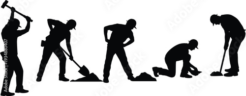 Construction worker silhouettes digging and hammering collection, industrial laborers with shovel and tools, black isolated vector illustration for building repair and maintenance concept