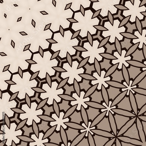 A pattern of flowers and squares. The squares are white and the flowers are brown. The pattern is very detailed