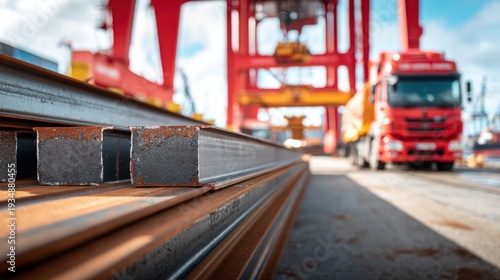 Metal beams at port with truck and crane