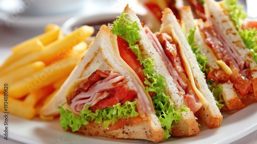 Close up of a club sandwich and french fries
