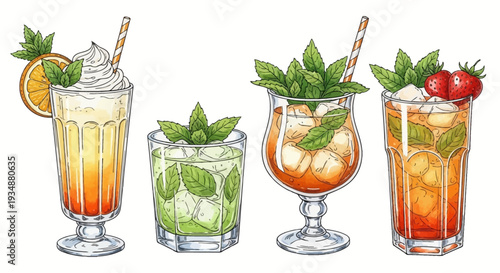 Vibrant Summer Cocktails & Iced Drinks Hand-drawn Illustration Set