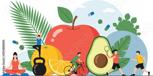 Comprehensive Healthy Lifestyle and Wellness Illustration Featuring People Exercising with Giant Fruits and Nutrition Elements for Healthcare Marketing
