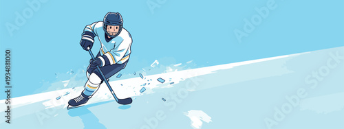 A hockey player in a white uniform skates on the ice during a game. The rink has a bright blue background and scattered ice shards.