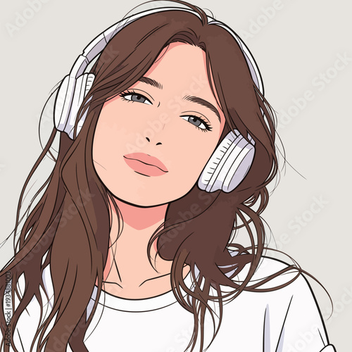 A woman wears headphones and enjoys music while smiling, sitting in a plain space. Her long hair falls around her face as she relaxes.